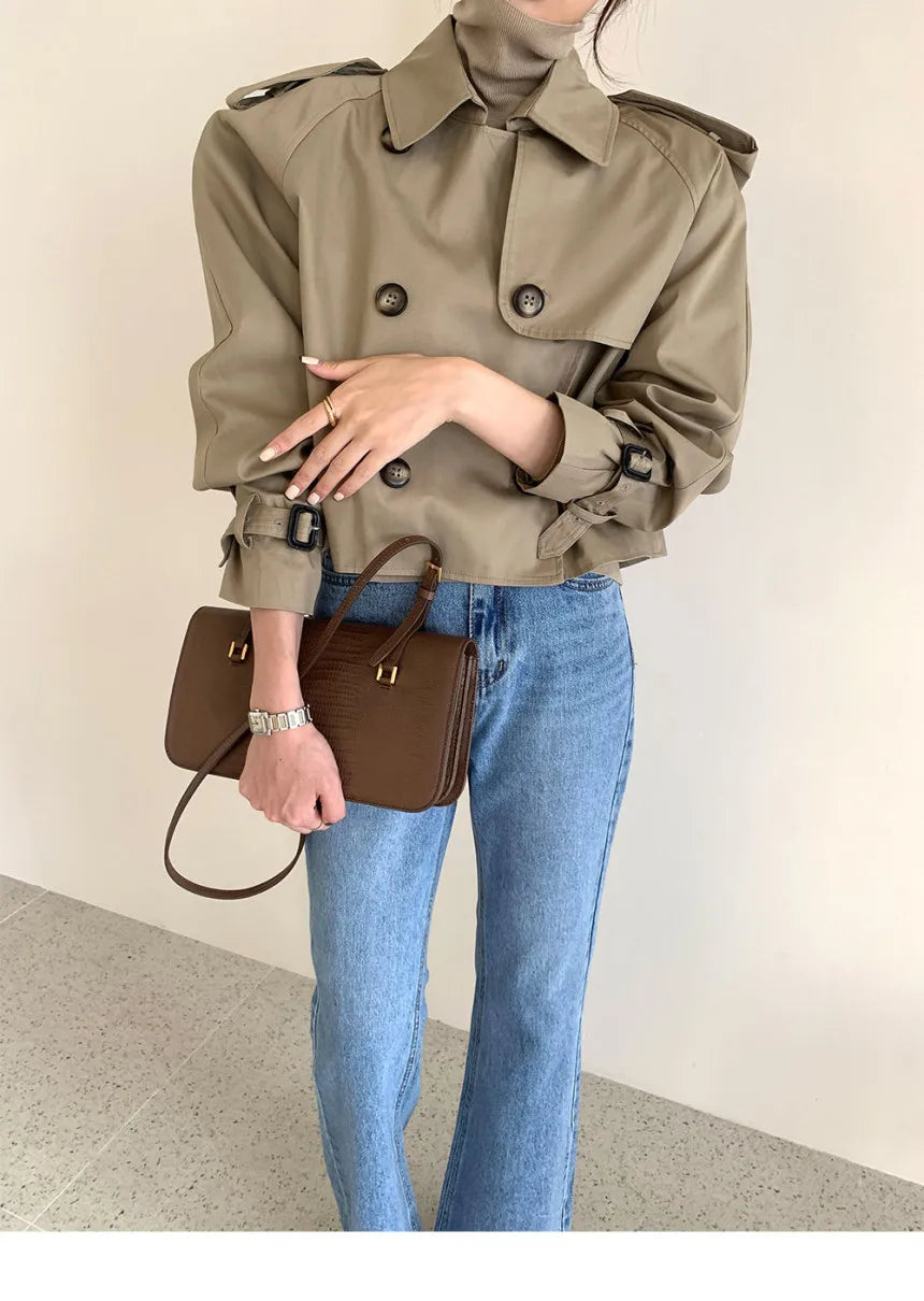 Vintage Zweireiher Graben Jacken Frauen Lose Chic Büro Dame Crop Tops Herbst Weibliche Mäntel Alle-spiel Lose Windjacke