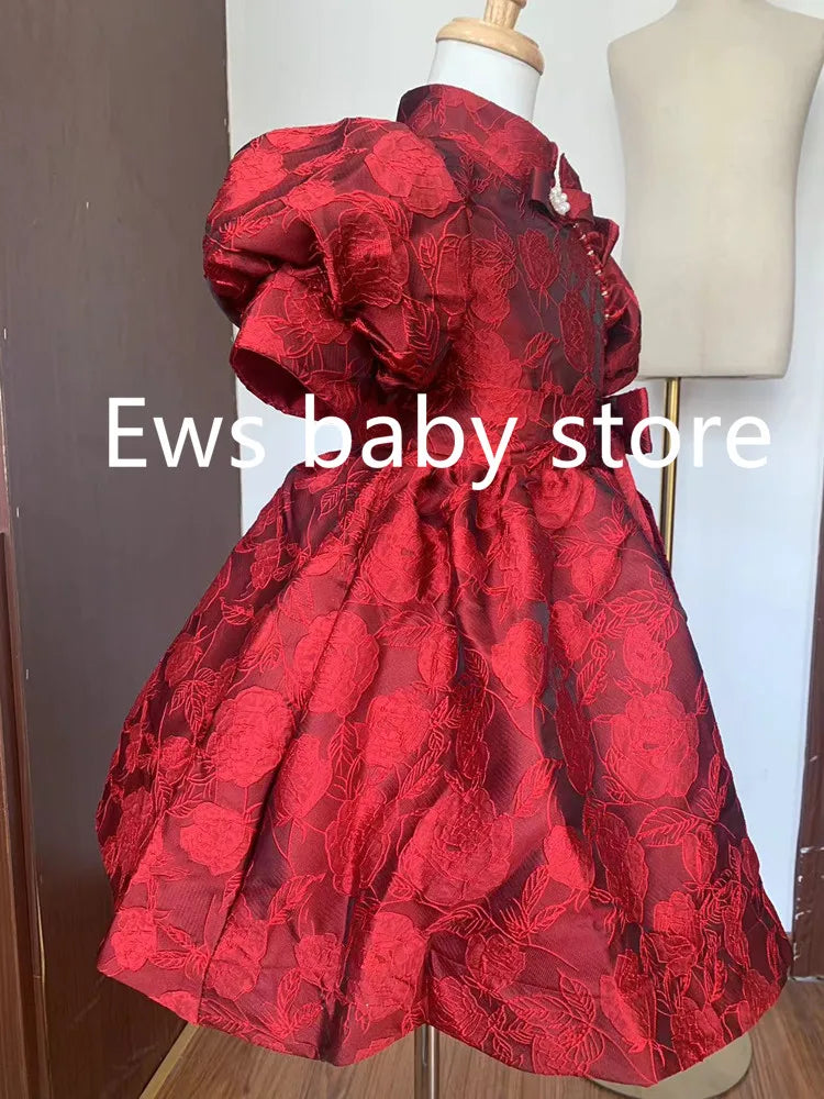 Sommer neue Kinder Prinzessin Ballkleid Kinder Bogen Puff Ärmel Design Hochzeit Geburtstag Taufe Party rote Kleider für eid a2051