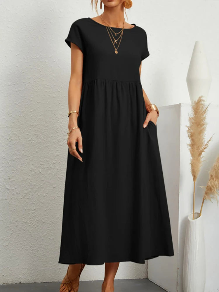 Vintage Solide Midi Kleid Casual Kurzarm Baumwolle und Leinen Harajuku Übergroßen Langes Kleid Frauen Sommer Y2K Maxi Sommerkleid 2023