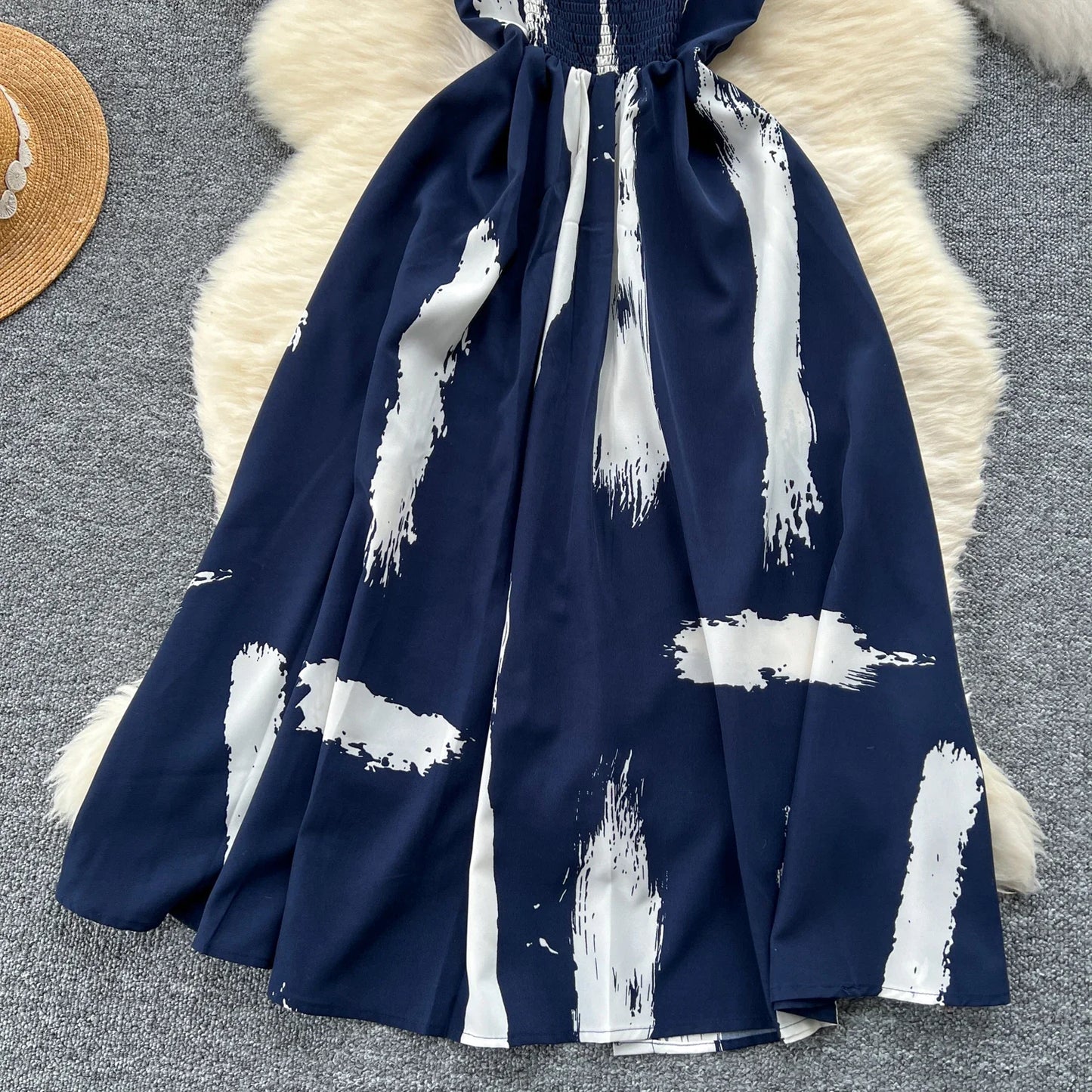Neue Sommer Druck Süße Kleid Träger O Neck Backless Split Elegante Damen Urlaub Strand Party Midi Sommerkleid