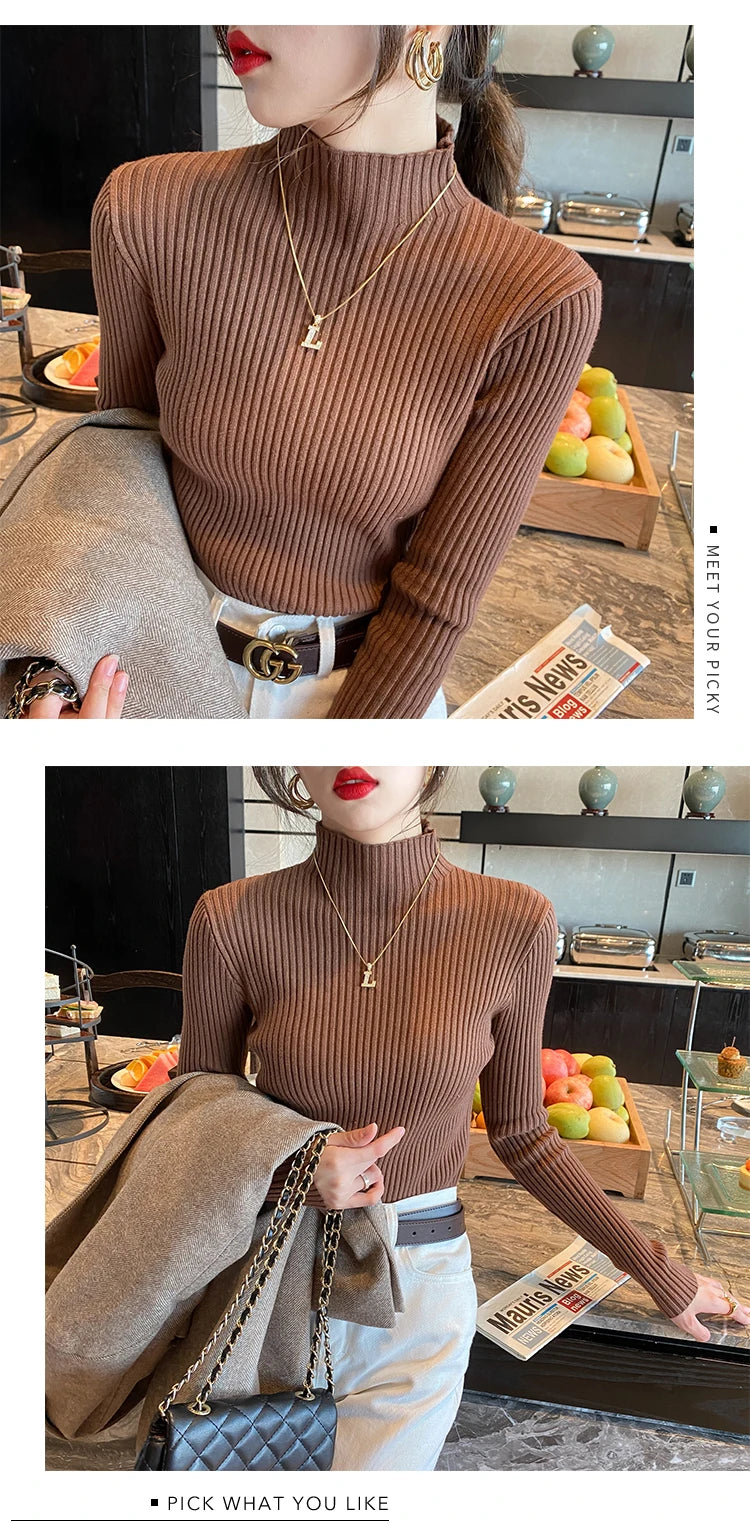 Winter Langarm Mock Neck Gestrickte Frauen Pullover Pullover Schlank Stricken Pullover Frauen Tops Blusas Mujer De Moda 2024 Blusa J995