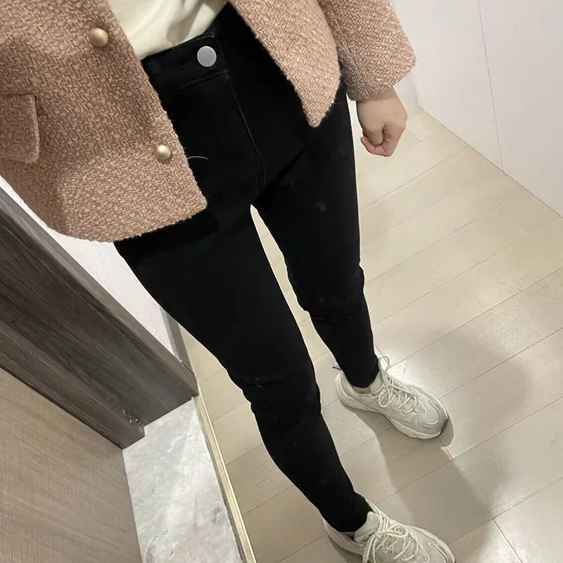 Frauen Thermische Dünne Jeans Mom Winter Warme Plüsch Stretch Jeans Dame Fleece Schnee Denim Hosen Student Bleistift Gerade Bein Hosen