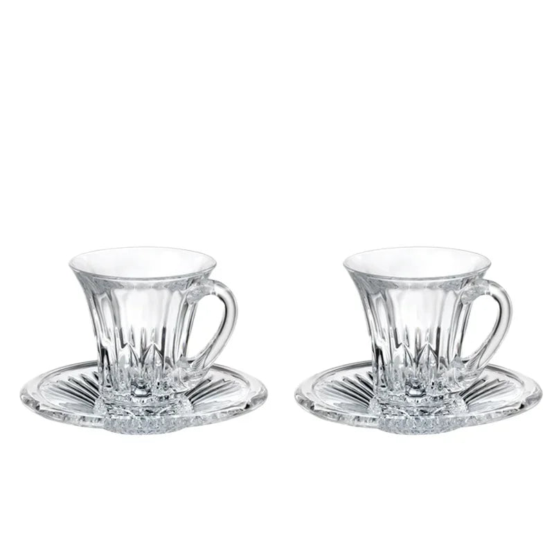 Crystal Glass Cappuccino Hot Drink Coffee Cup Simplicity Household Creative Transparent Flower Tea Hot Drink Cup and Saucer Set.