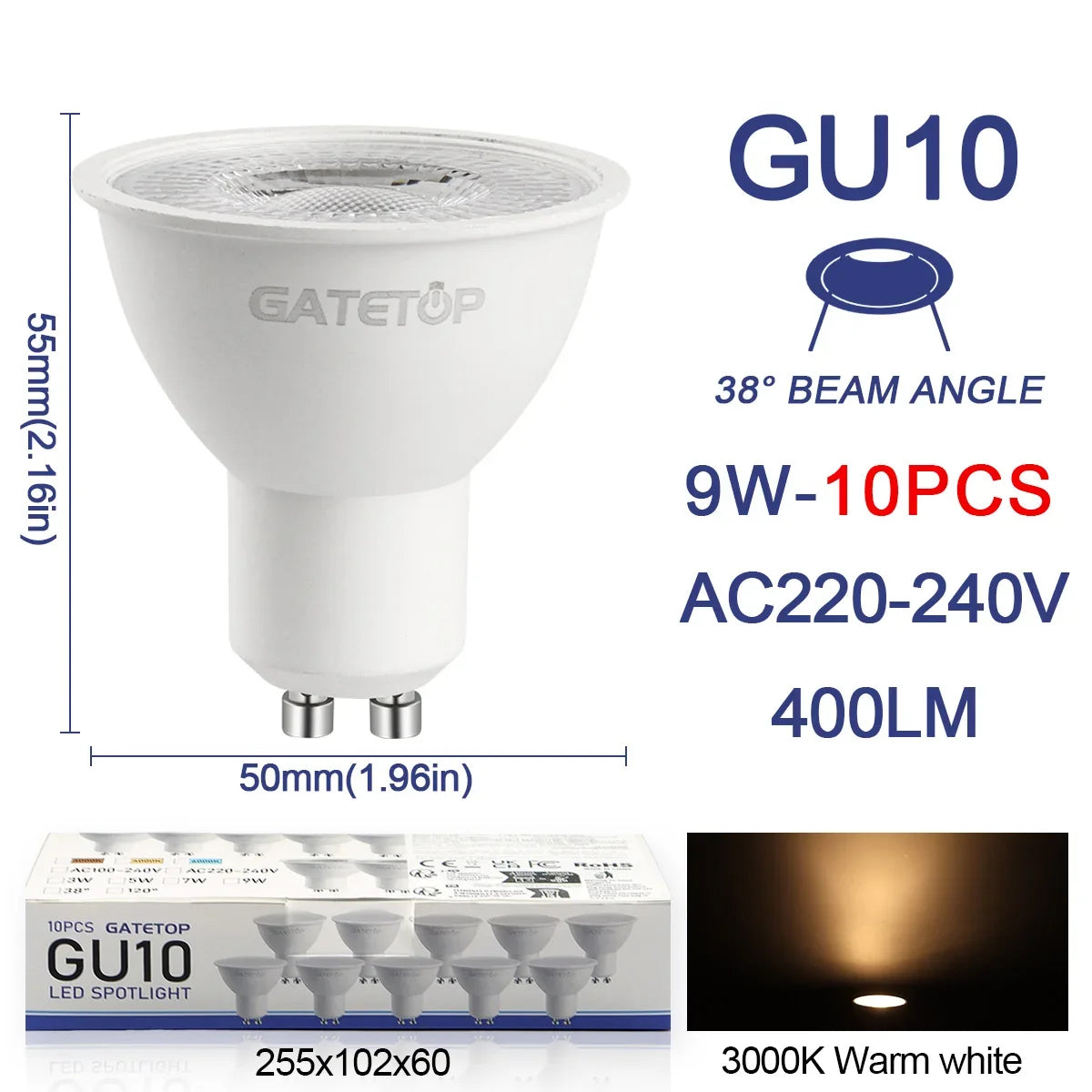 10er-Pack Focos Gu10 SpotlightLampara 220V LED-Glühbirne Großhandel 9W Weiß Warm 3000k 6000K geeignet für gewerbliche Gebäude zu Hause