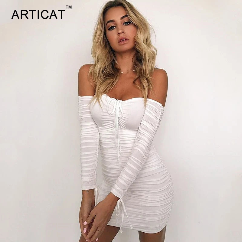 Arctic Cat Frauen Herbst Winter Verband Kleid Frauen 2022 Sexy Off Schulter Lange Hülse Dünne Elastische Bodycon Party Kleider Vestidos