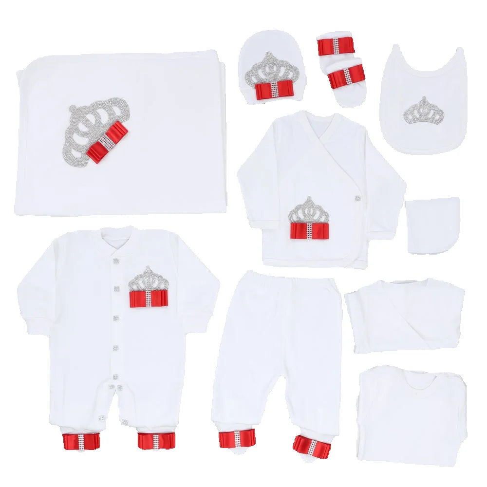 10-teiliges blaues 100 % Baumwollgewebe, gestrickt, Großhandel, individuell gestaltet, Neugeborene, neues Design, Winterkleidung, Kleidung, Luxus-Baby-Strampler-Set