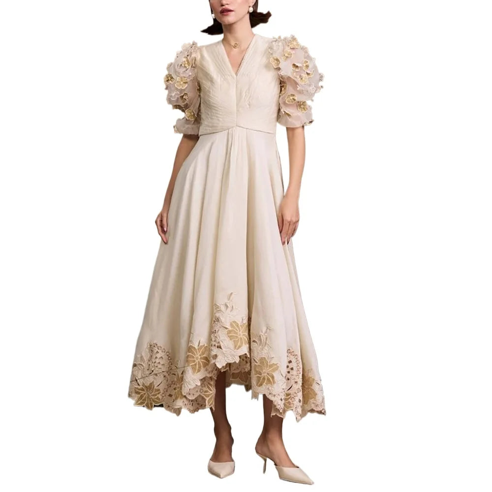 Klassisches Ballkleid mit V-Ausschnitt und halben Ärmeln, modische Applikationen, Tee-Länge, A-Linien-Kleid, Cocktailparty, Stern, roter Teppich, Damenkleid