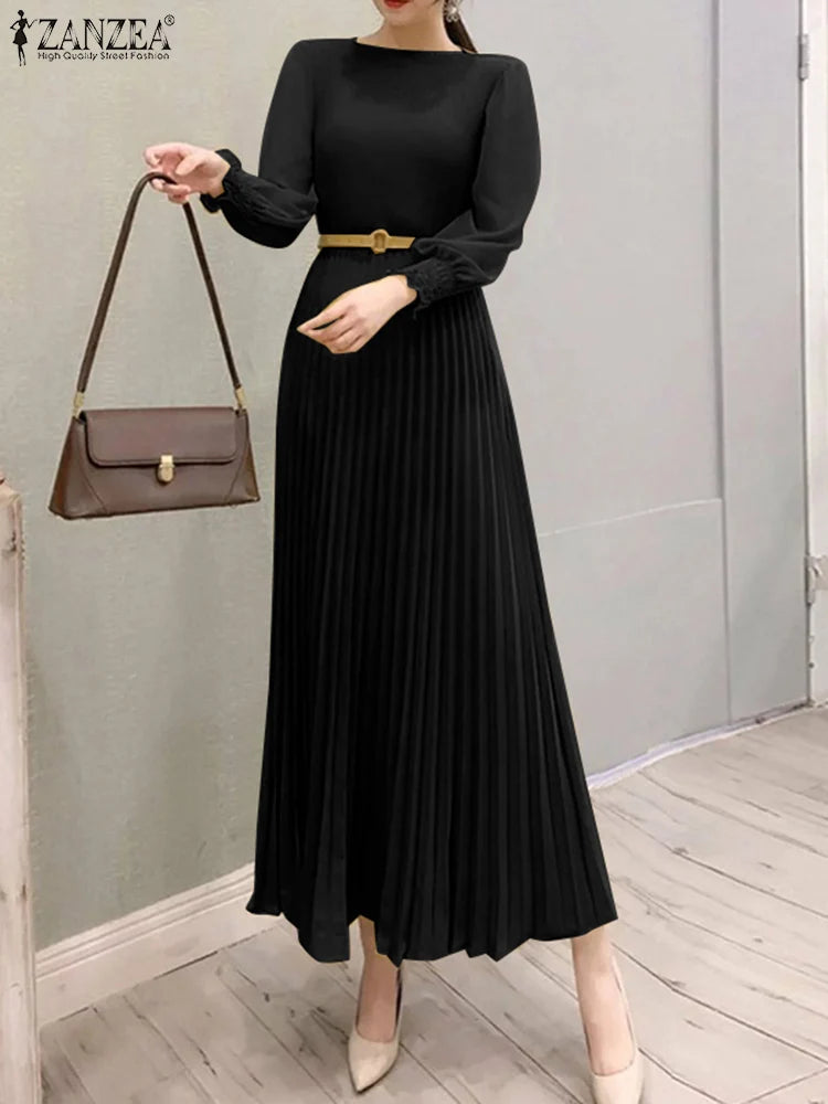 ZANZEA Elegantes Damen-Plisseekleid, edel, gesmokte Bündchen, langärmelig, O-Ausschnitt, Fit und Flare, lang, Vestidos, Pendeln, solide Party-Roben