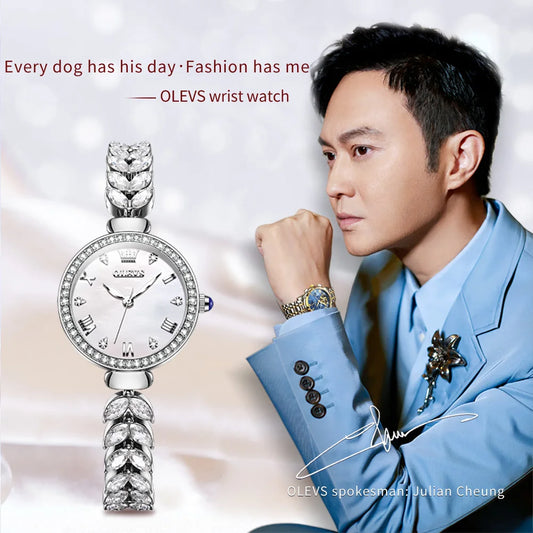 OLEVS 9971 Women's Watches Elegant Fashion Original Wristwatch Waterproof Fish Bone Strap Luminous Hand Diamond Bezel Reloj.