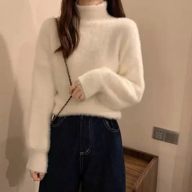 2025 frauen Gestrickte Tops Winter Imitieren Nerz Wolle Heißer Fleece Weibliche Rollkragen Elastische Beiläufige Pullover Weiche Warme Pullover
