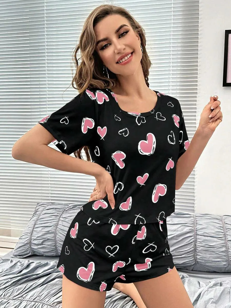 Damen New Style Pyjamas Kurzarm Top Herz Muster Shorts lässig elegante zweiteilige Home Wear