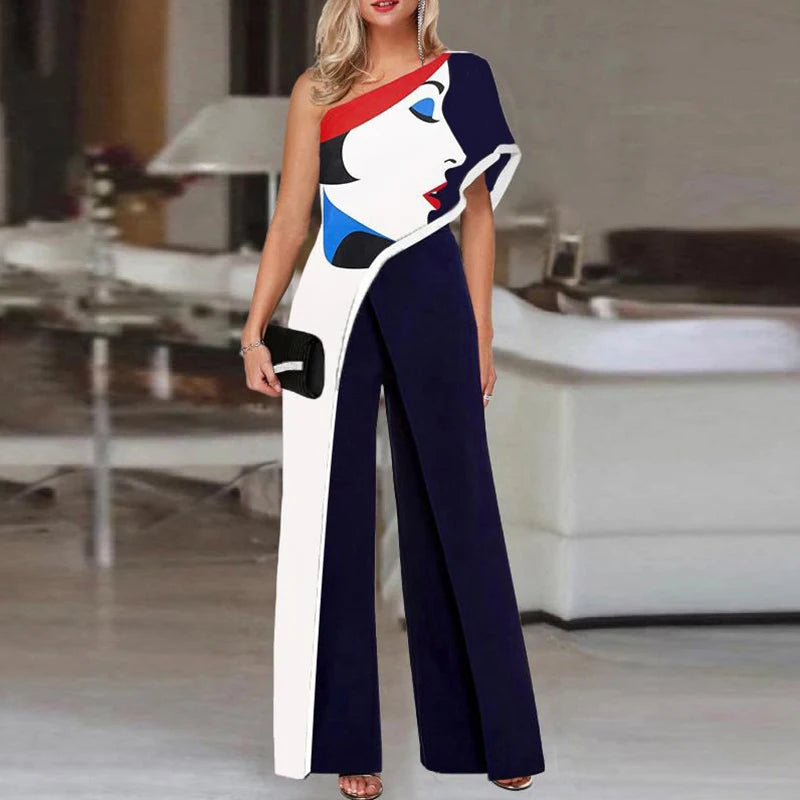 Colorful Ladies Face Print Slim Jumpsuits Summer Off Shoulder Diagonal Collar Sexy Rompers Women Loose Straight Wide Leg Pants.