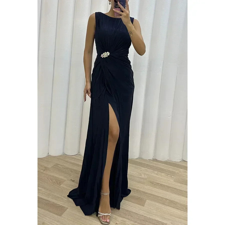 Frauen sexy Kleid neue ärmellose feste Party schlanke Empire Split weibliche elegante Rundhals Mode lange Kleidung