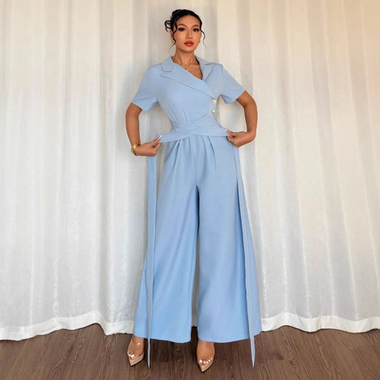 Elegant Blue Wrap Waist Belted Slim Fit Jumpsuit for Women Spring Summer Commute Style Polyester Fabric Three Quarter Sleeve.