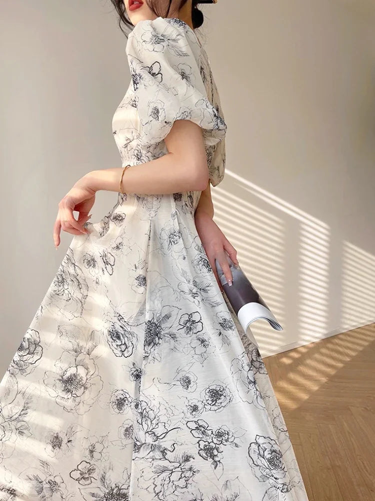 Büro Dame elegante Blumen Midi Kleid formelle einteilige Kleid koreanische Party Strand Langarm Freizeit kleid Frau 2024 Sommer Chic