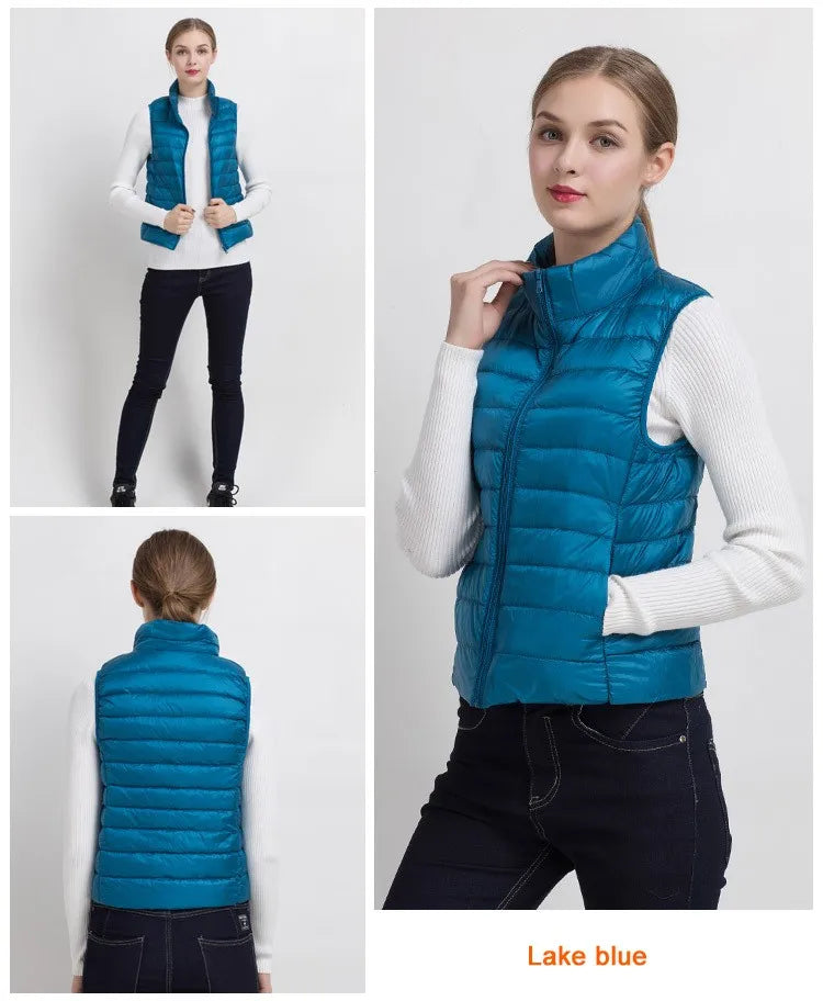 0-10 ℃ Frauen Westen Herbst Winter Ultra Licht Ente Unten Weste Weibliche Dünne Ärmellose Jacke Winddicht Warme Puffer Weste 4XL