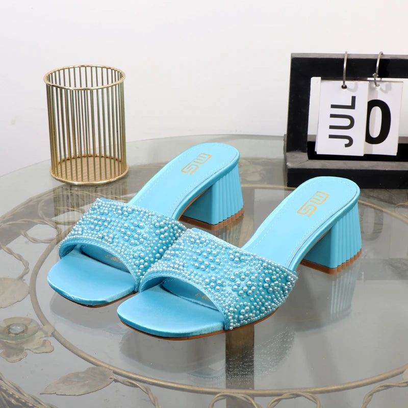 High-heeled slippers 2024 summer fashion new thick with square head luxurious ladies slippers coarse heel 6CM.