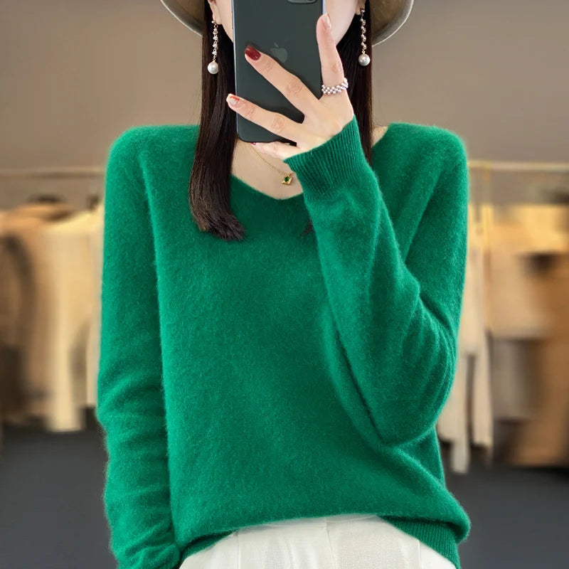 2024 100% Merino Reine Wolle V-ausschnitt Herbst Und Winter Pullover Pullover Neue Kaschmir Pullover frauen Beiläufige Gestrickte Top DMR201