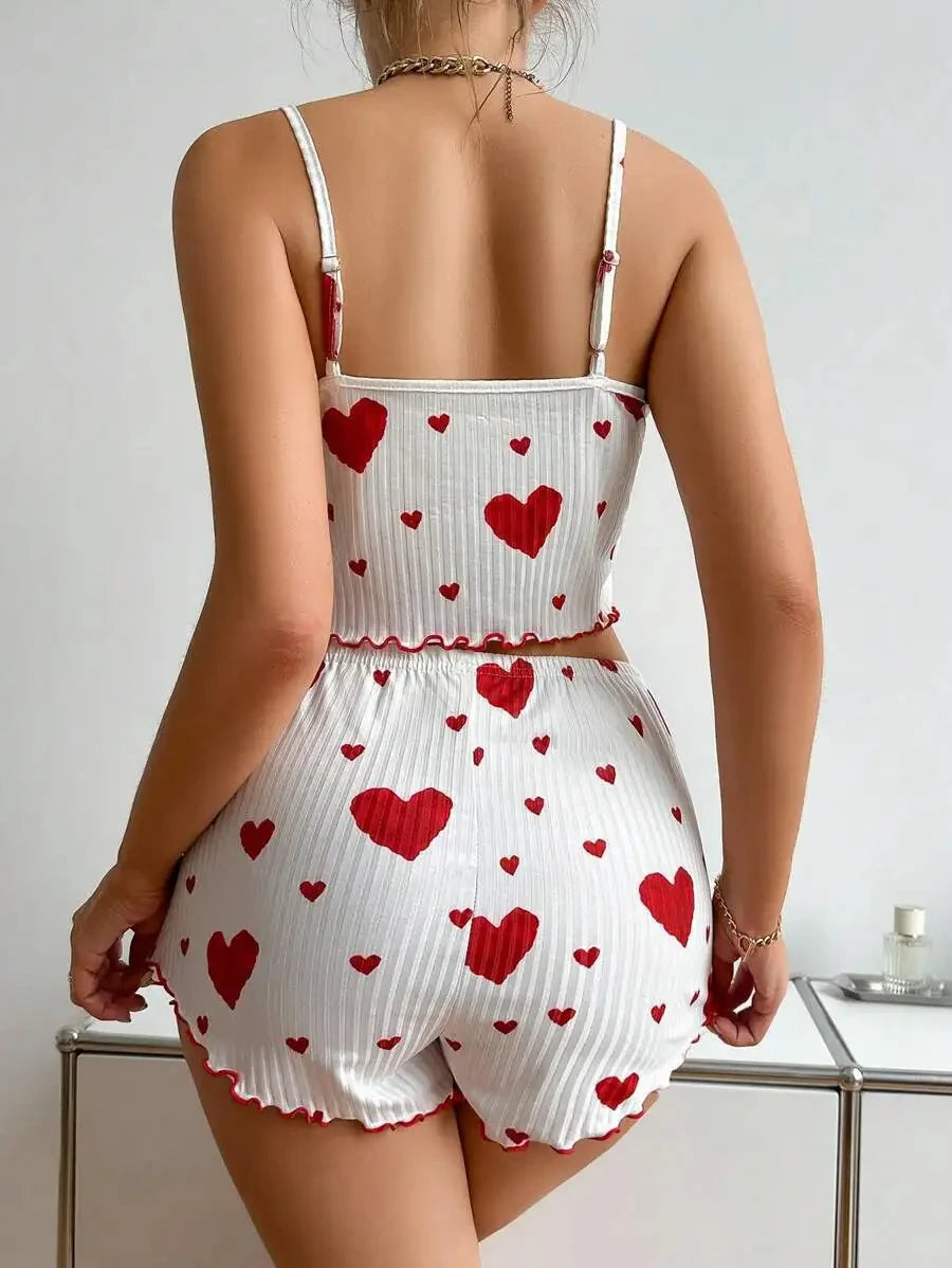 Sexy Herz Druck Pyjama Set Frauen Nachtwäsche Trendy Mode Lounge Tragen Nachtwäsche Zwei Stück Set Homewear Pyjamas