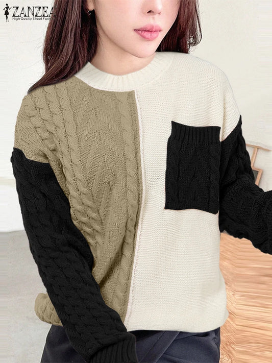 ZANZEA 2025 Autumn Patchwork Sweaters Women Pullovers Kintted Jumper Stylish Long Sleeve Winter Sweater O Neck Jumper Streetwear.