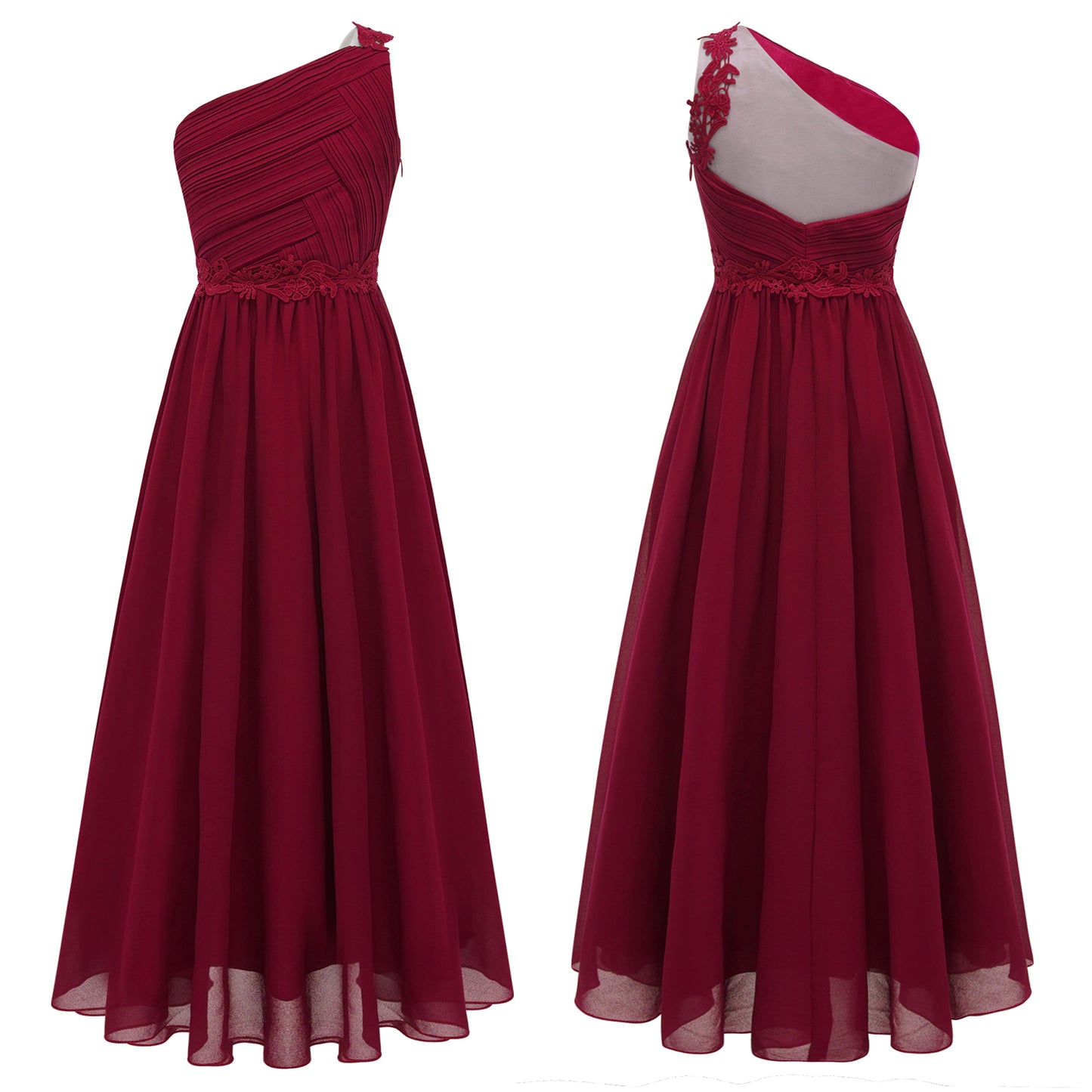 Mädchen Hochzeit Brautjungfer Kleid One Shoulder Elegante Guipure-Spitze Geraffte Chiffon Maxi Party Kleider Geburtstag Abend Abendkleid