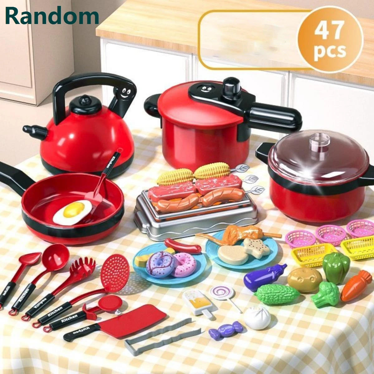 Children's simulation high-detail red cooking kitchen utensils, home school use chef pretend play set suitable for 3 4 5 6 years.