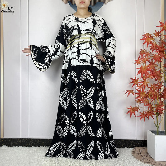 New Women Party Dress Dubai Muslim Summer Cotton Long Sleeve Collect Waist Boubou Maxi Islam Women Elegant Dress African Abaya.