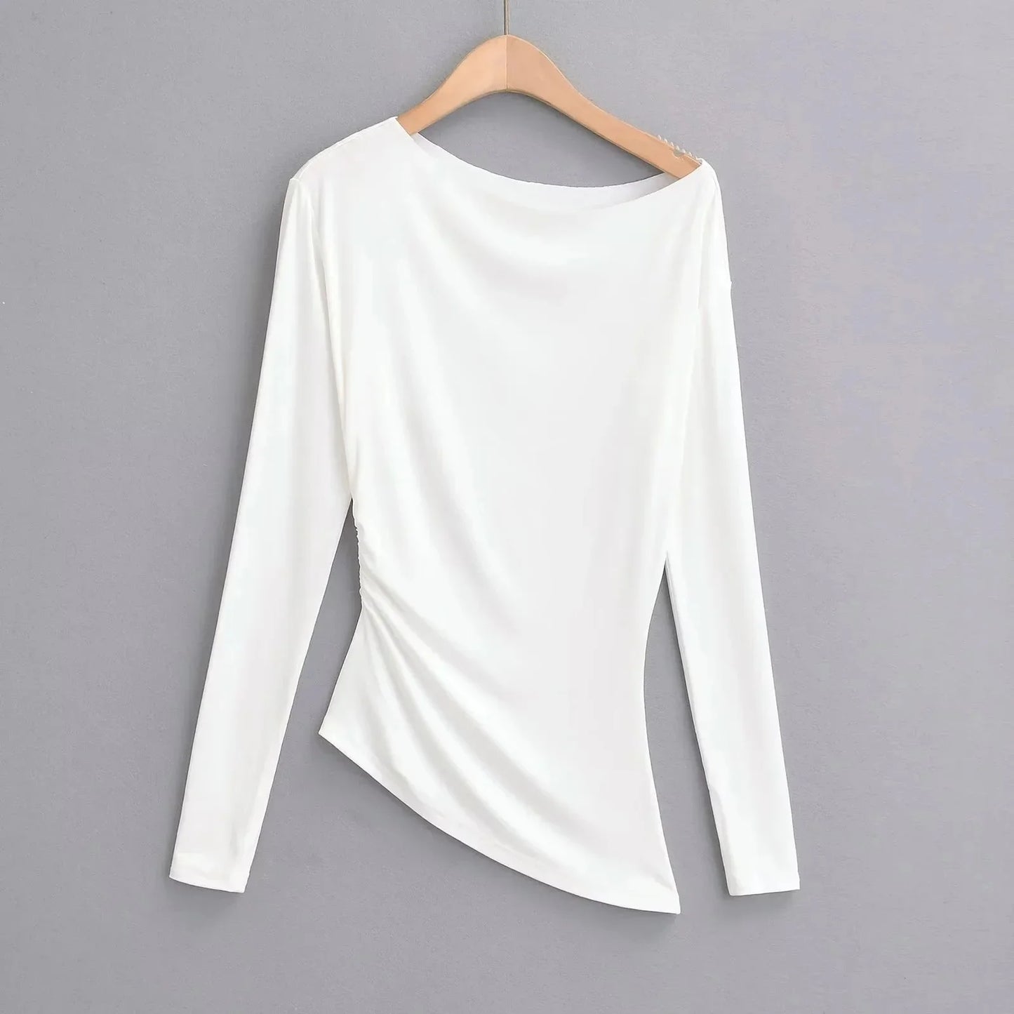 Long Sleeve One Shoulder T-Shirt Zhang Lu Si Spicy Girl Pleated Slimming Versatile Top Cotton Made in China Full Sleeve