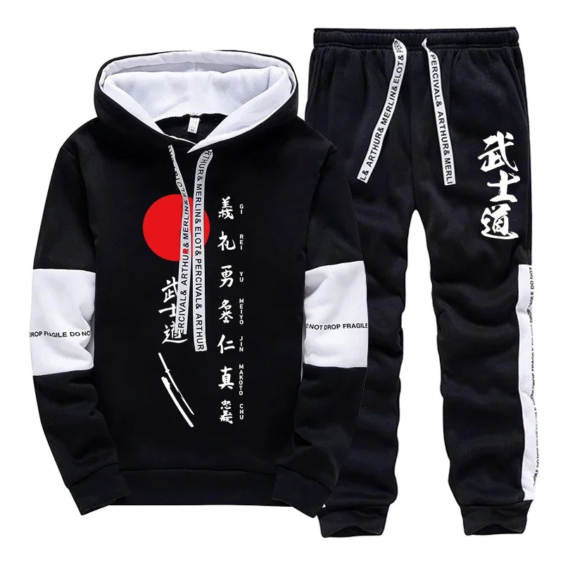 Japanese Bushido Print Hoodie Sweatpants 2025 Hot Sale Men's Fashion Tracksuit 2pcs Set Urban Casual Sporty Outfits Streetwear.