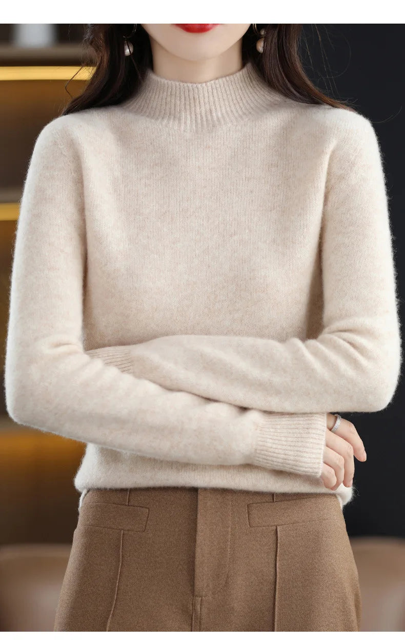 Herbst Winter Frauen Pullover Koreanische Mode Warme Bodenbildung Shirts Halb Hohe Kragen Grundlegende Strickwaren Solide Langarm Pullover