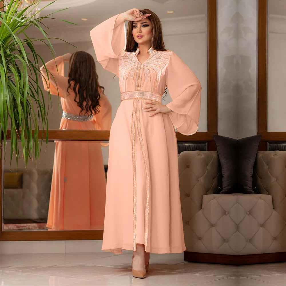 Uni Arabische Robe Mode Nahen Osten Muslimischen Kaftan Dubai Hot Fix Diamant Party Abendkleider für Frauen Kerb Stehkragen