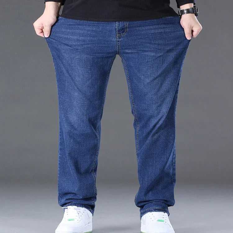 Große Größe Herren Jeans High Stretch Denim Stoff Große Größe Hosen für 45-150 kg Jeans Hombre Jeans mit weitem Bein Pantalon Homme