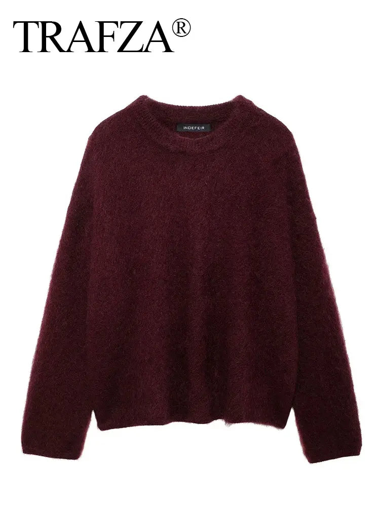 TRAFZA Frauen Elegante Solide O Neck Pullover Lose Beiläufige Langarm Gestrickte Pullover Sweatshirt Herbst Büro Dame Strickwaren Top