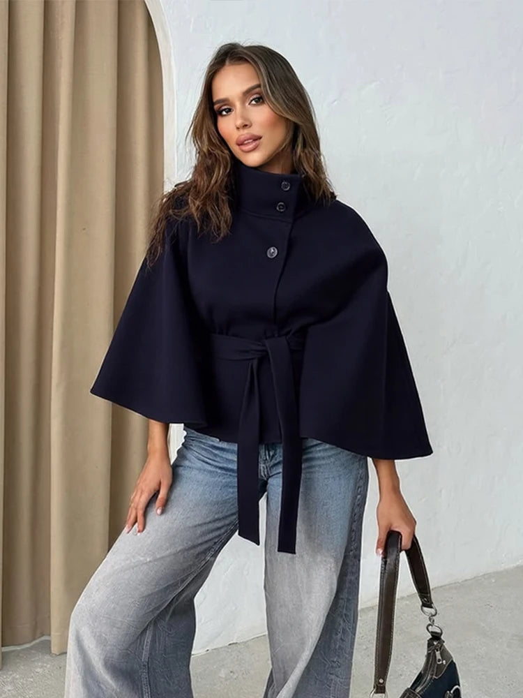 Damenmantel, kurze Cape-Mäntel für Damen, Gürtel, Mäntel aus Kunstwolle und Mischungen, Herbst-Winter, feste Mäntel, elegante Umhangjacke für Damen