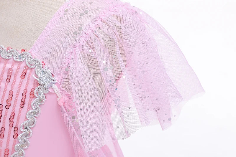Mädchen rosa Pailletten Mesh Prinzessin Kleid, Mesh kurze Ärmel, mit Umhang, geeignet für Party, Tanz, Performance, Karnevals kleid