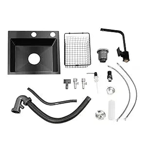 Edelstahlspüle 40 x 45 cm, schwarze Küchenspüle mit Spültischarmatur, 1 x 45 cm, Unterschrankspüle W | Abtropfbrett und Sieb