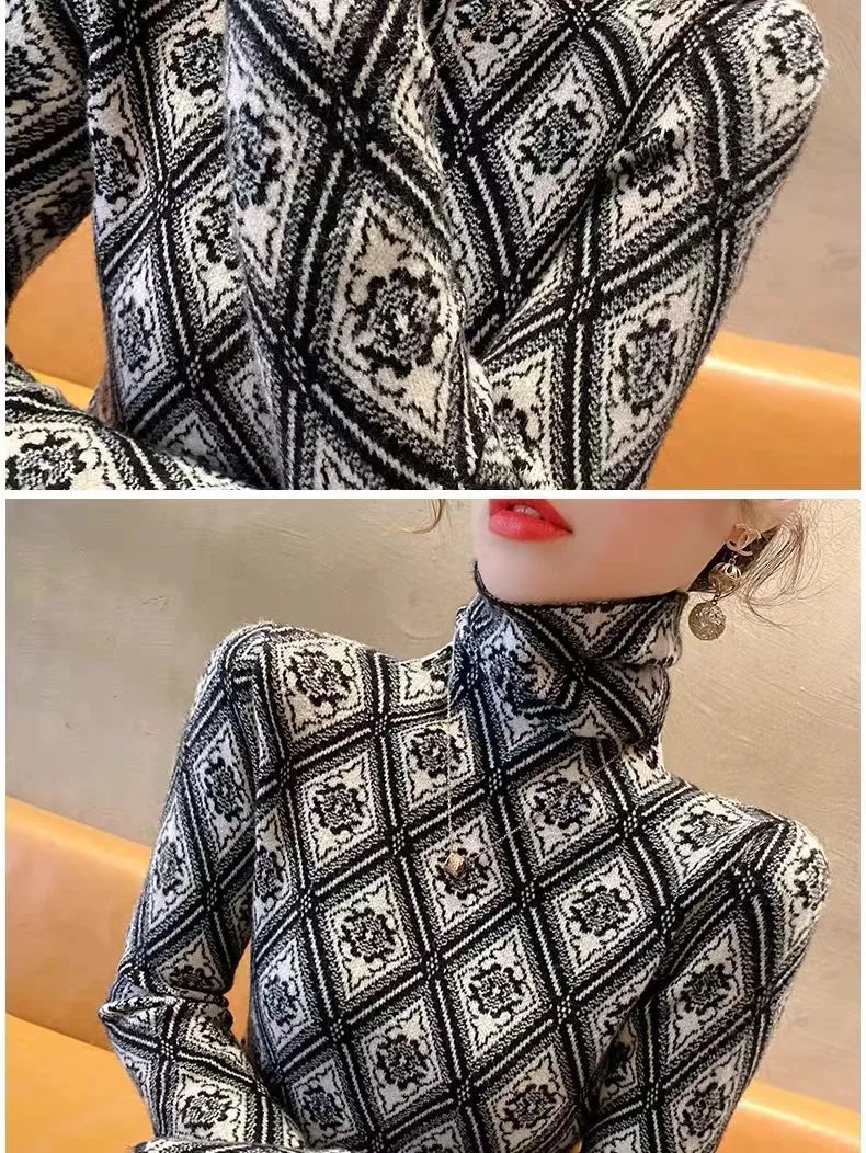 Frauen Kleidung Mode Rollkragen Argyle Stricken Pullover Herbst Winter Elegante Chic Schlanke Langarm Pullover Büro Dame Y2K Top