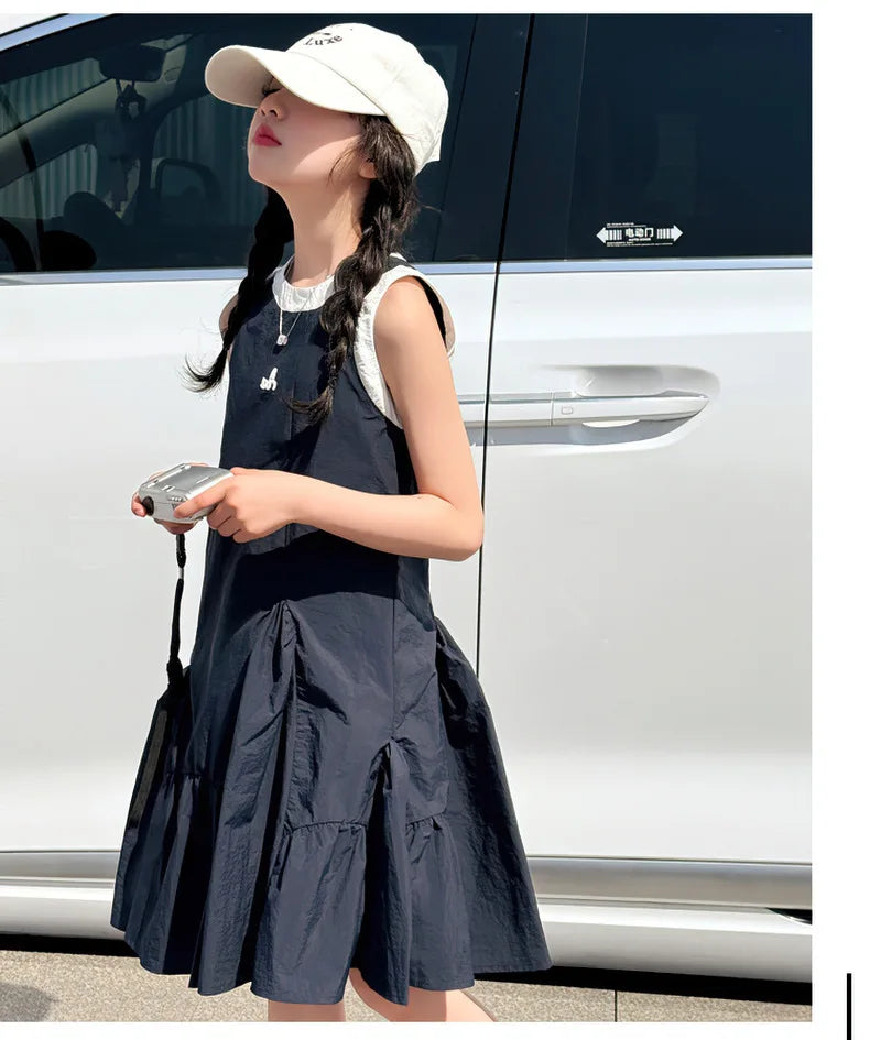 Neues Sommer-Mädchen-Prinzessinnenkleid für Kinder, ärmelloses Kleid mit Rüschen, Design-Kleider für Teenager, Kinder, lässiges Urlaubs-Strandkleid