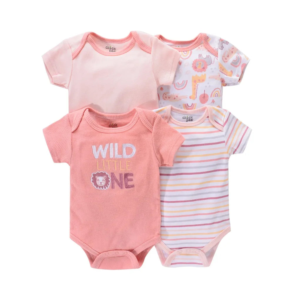 4PCS Neugeborenen Strampler Kurzarm Rundhals Cartoon Tier Blumen Drucken Body Onesies Für Baby Jungen Und Mädchen Kleidung