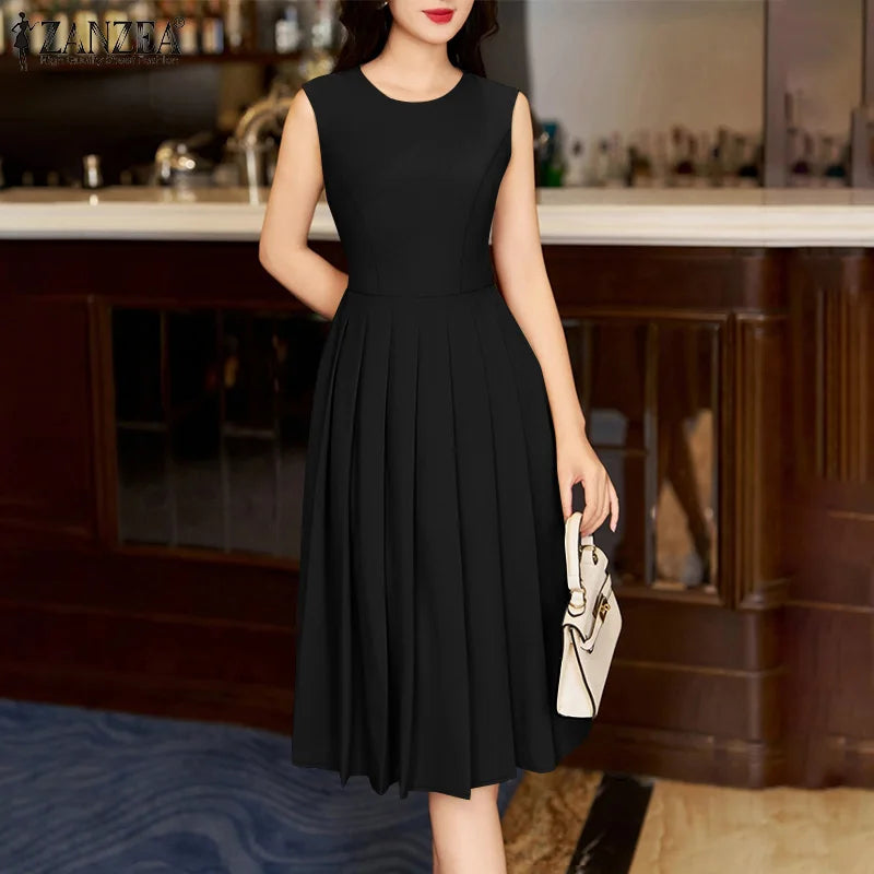 ZANZEA Elegante Frauen Plissee Midi Kleider Ausgestattet Taille Ärmel Solide Party Vestidos 2025, Sommer O Neck Pendeln Roben Femme