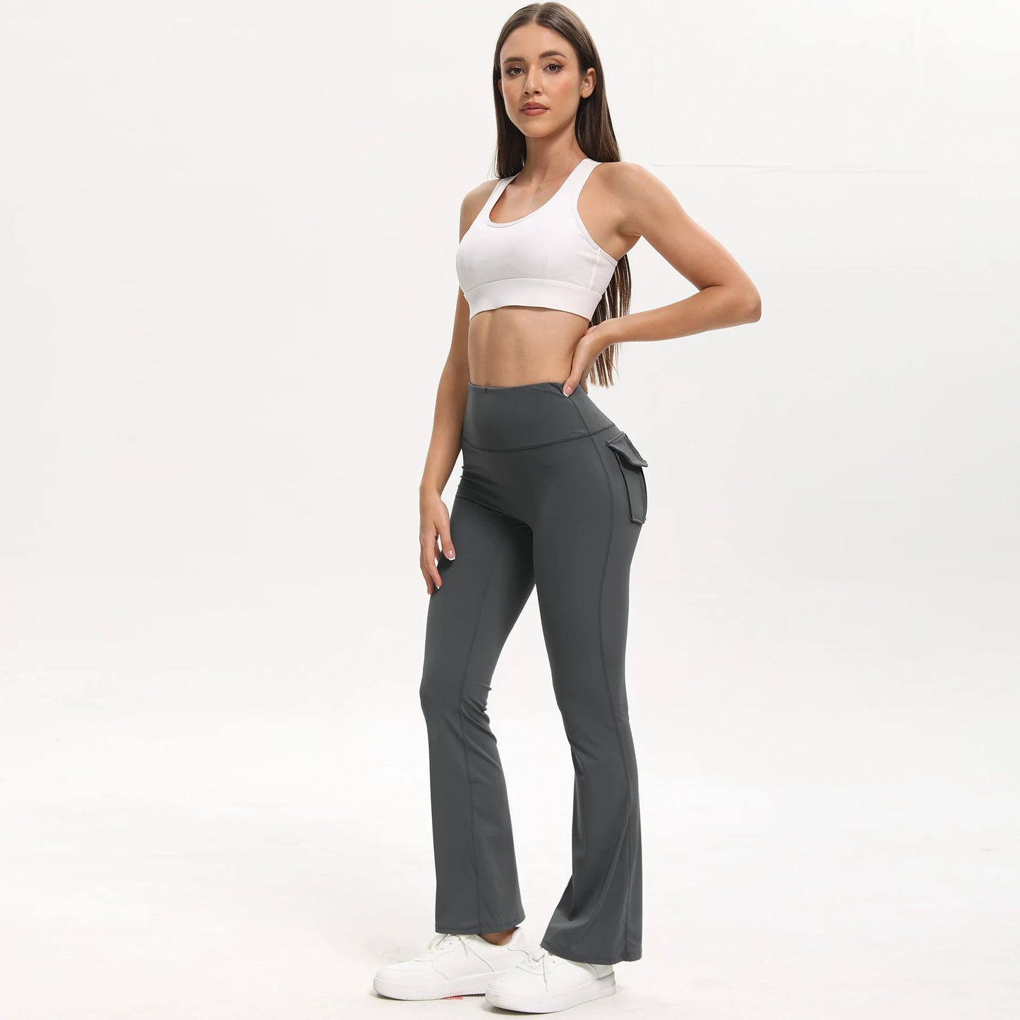 Damen-Leggings mit ausgestellten Taschen, weiche Yoga-Hose im Cargo-Stil, hohe Taille, schmale Hose, Fitness- und Bodybuilding-Sportbekleidung