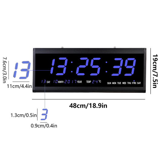 Übergroße digitale LED-Wanduhr – steckbar, automatischer Dimmer, großer Kalender und Thermometer (blau schwarz)