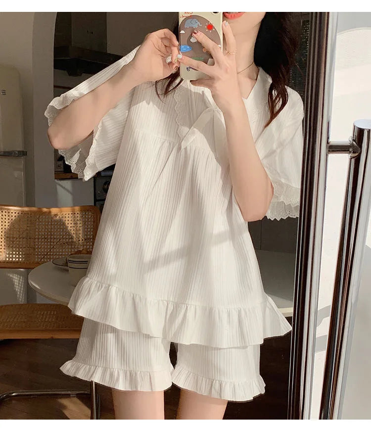 Palast Stil Pyjama Damen Sommer Lounge wear Set kurz ärmelig mit Kissen koreanische kleine süße Freundinnen Lounge wear Set