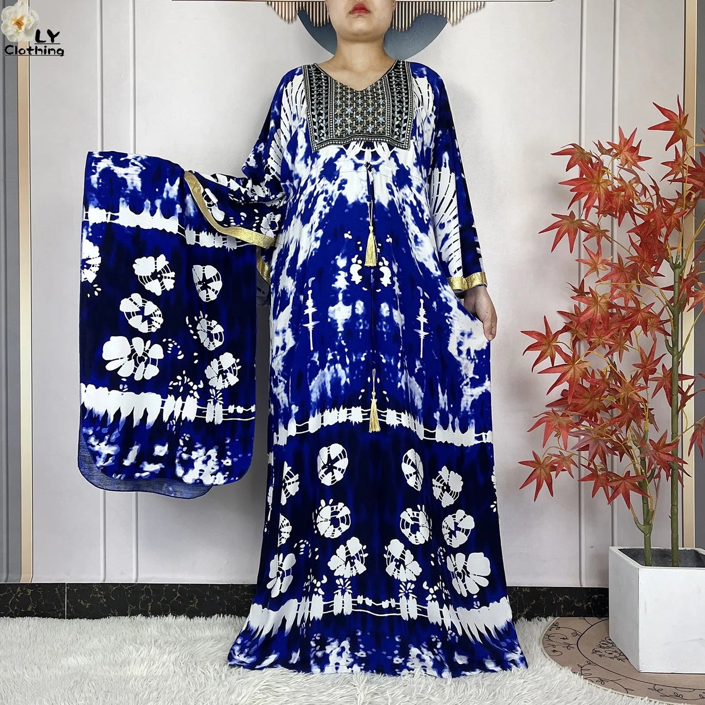 2025 New African Abaya For Women Dress Loose Batwing Sleeve Pockets High-quality Tie-dye Pure Cotton Fabric Women Islam Clothing