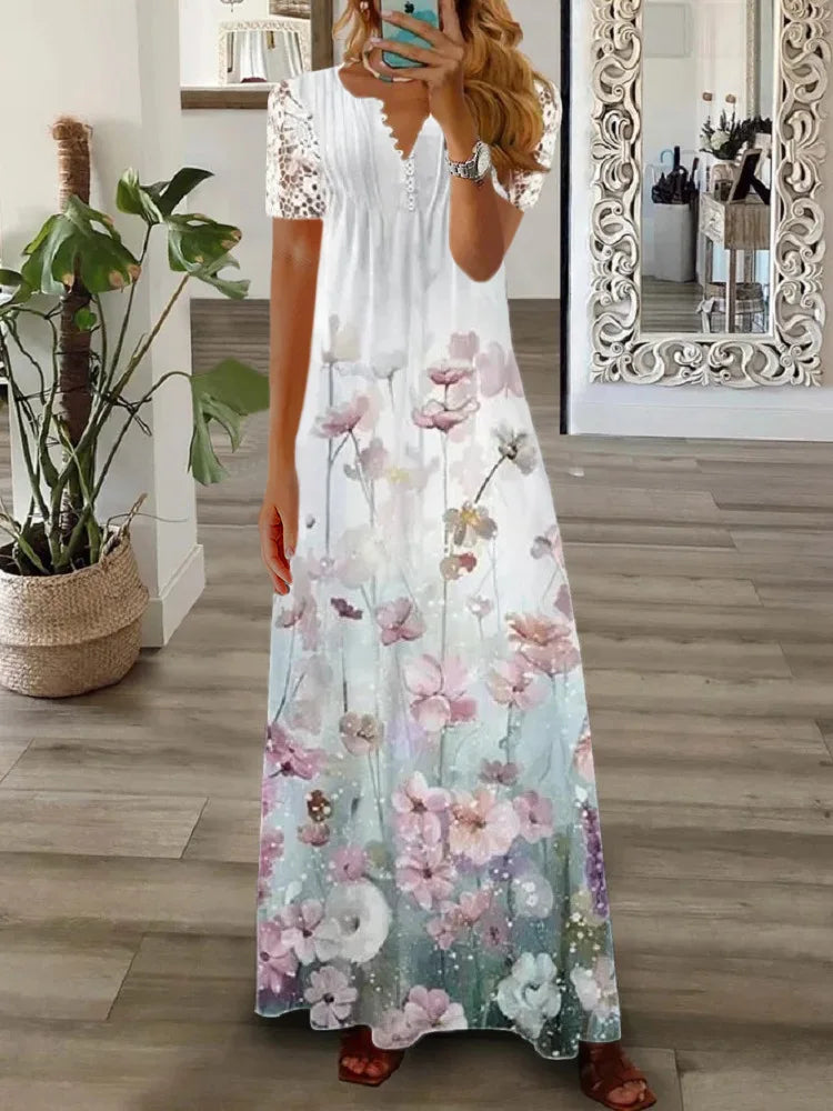 Frühjahr/Sommer Mode frauen Kurzarm Gedruckt Spitze Kleider Elegante frauen Weiß V-ausschnitt Slim Fit Party Lange vestidos