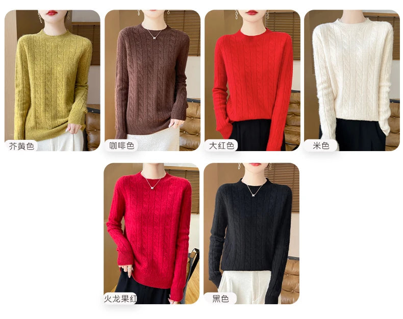 Frauen 100% Merino Wolle Verdickung Pullover Oansatz Gestrickte Twisted Pullover Herbst Winter Kaschmir Langarm Kleidung Basis Tops