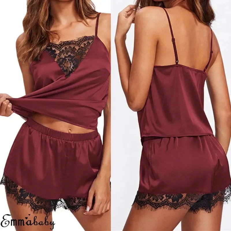 Frauen Eis Seide Pyjama Nachtwäsche Pyjama Set Nachthemden Nachthemd Leibchen Shorts schwarz rot l xl Spitze lässig sexy glatt 파자