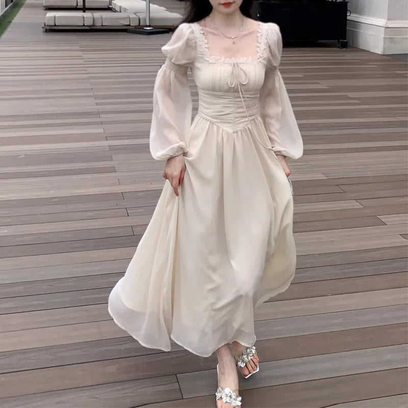 2024 Französisch elegante Prinzessin Abend party Midi Kleider für Frauen A-Linie schlanke Bandage Langarm Vestidos koreanische Frühlings kleidung