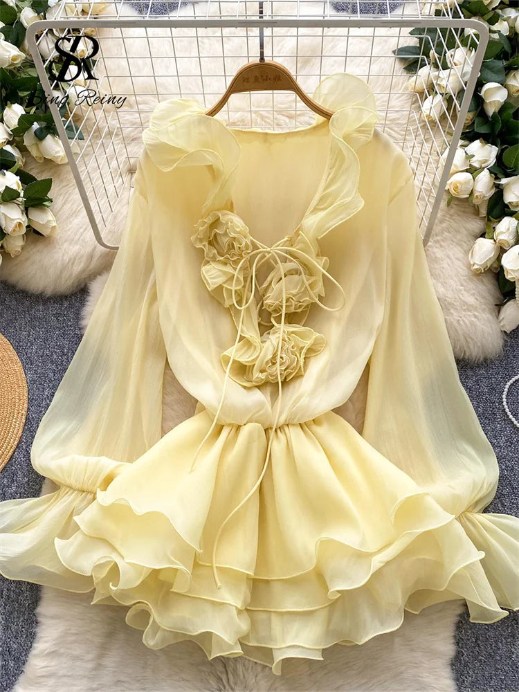 SINGREINY 3D Floral Strand Kurzes Kleid Weibliche Lange Ärmel Spitze Up Rüschen Chiffon Kuchen Sommerkleid Sheer Sexy Vintage Bohemian Kleid