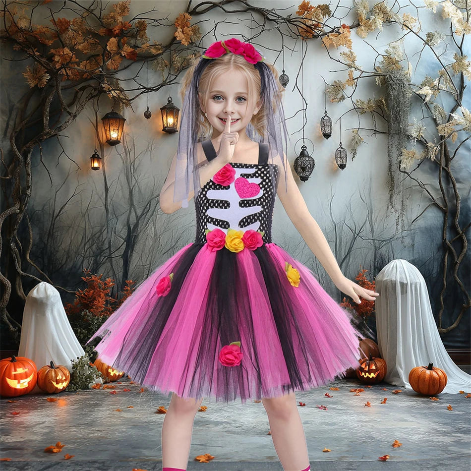 Halloween Kinder Kleid Cosplay Herz druck Skelett Kostüme Mädchen Blumen Schädel Tutu Kleidung Kinder Karneval Leistung Outfits